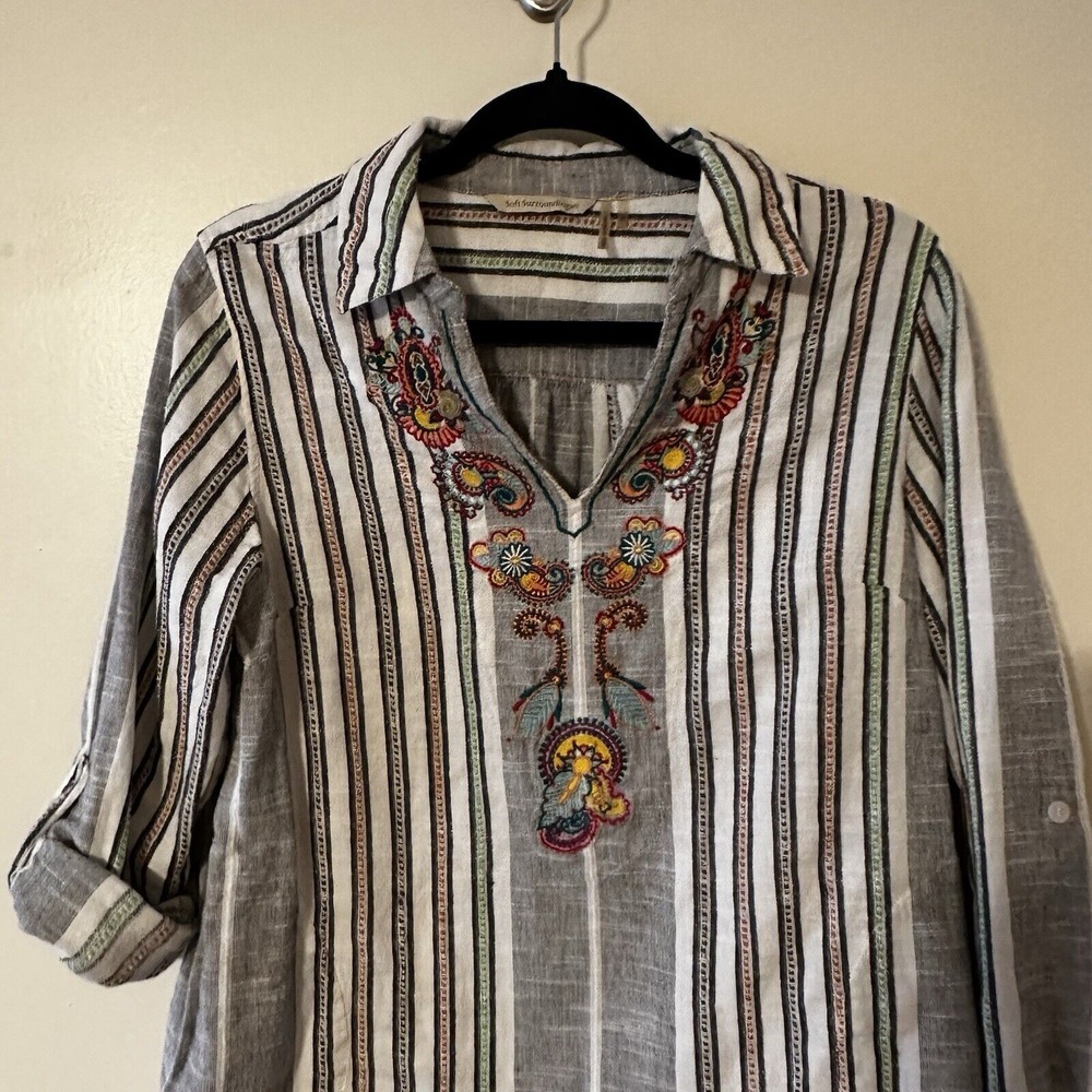 Soft Surroundings Floral Embroidery Top Paisley Tunic Stripe Pocket Roll Tab M‎ - Picture 3 of 16